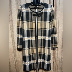 Anne Klein Plaid Long Sleeve Duster - Black and Tan